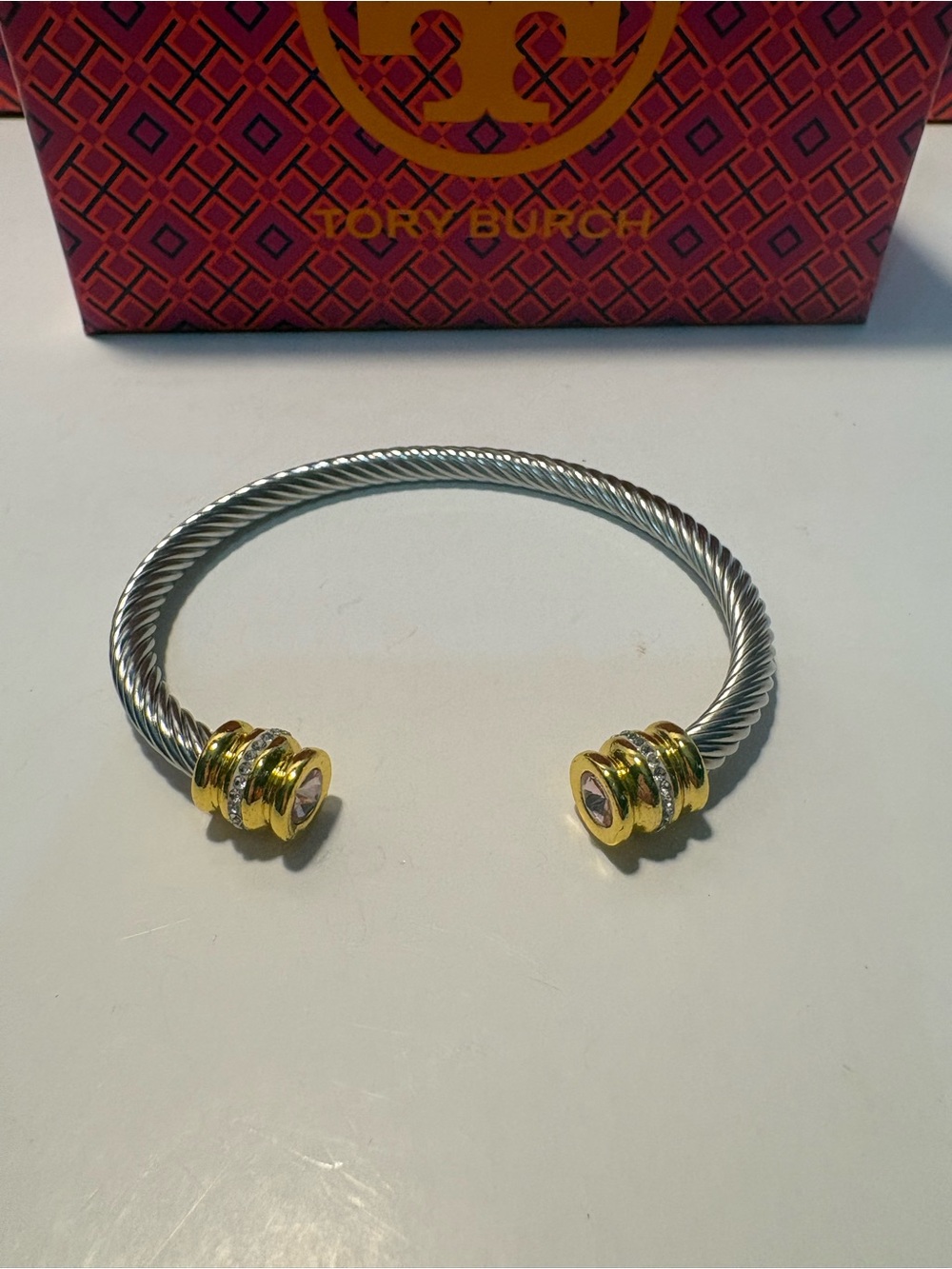 David Yurman style Two-Tone Cable Cuff Bracelet in Silver and Gold pink gem